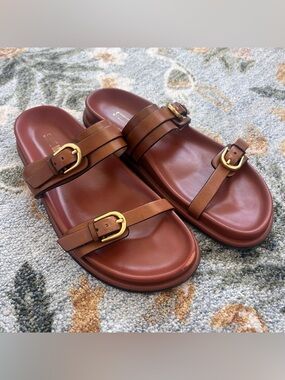 Steve Madden Brown Leather Double Buckle Slide Sandals with Gold Hardware